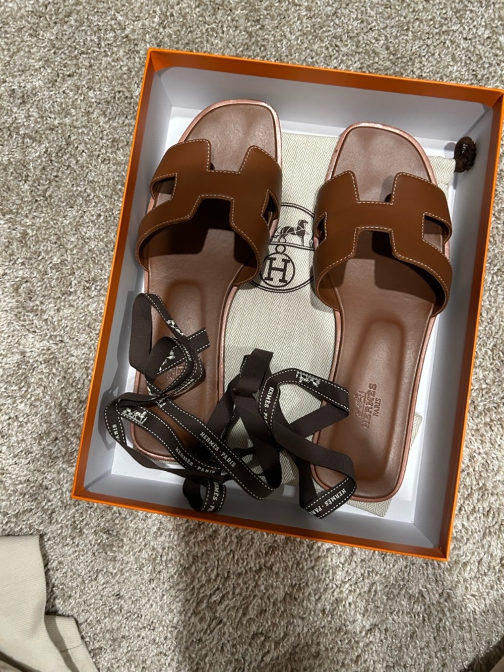 Hermes Gold Oran Leather Slide Sandals Size 39.5